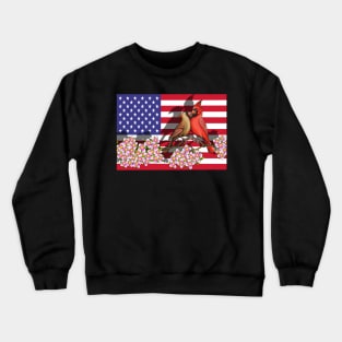 Red Cardinal bird dogwood flower North Carolina Virginia America flag Crewneck Sweatshirt